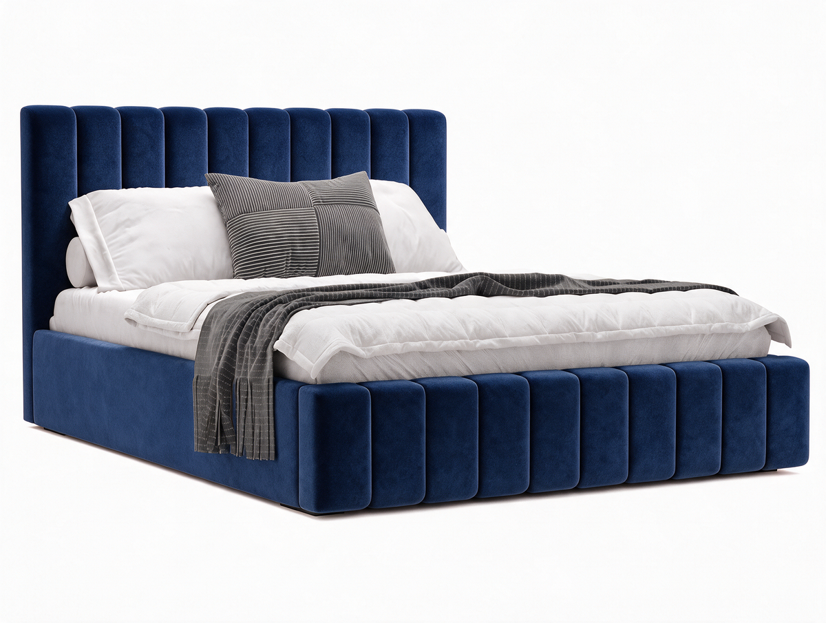 Lit coffre CELINE en tissu velours bleu, coffre fermé, vue de trois quarts sur fond blanc