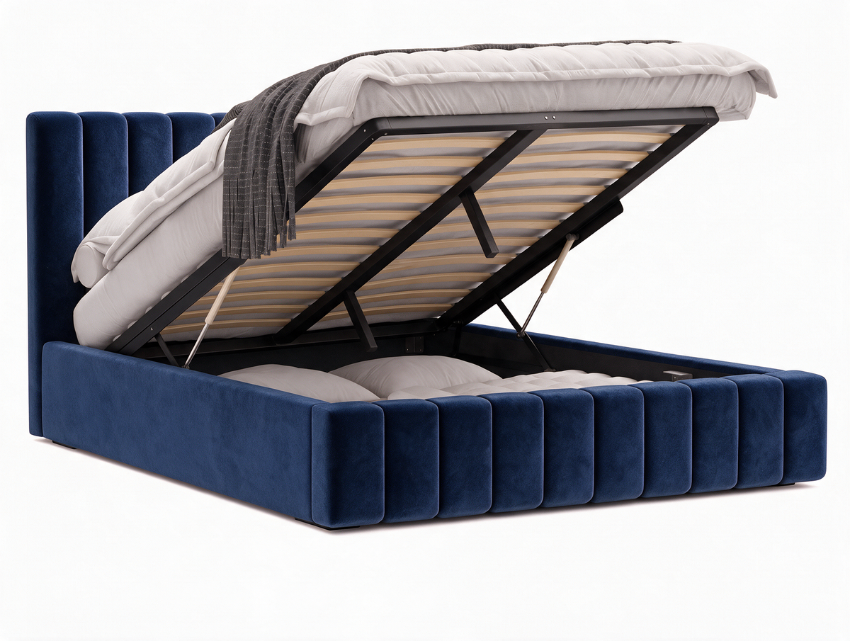 Lit coffre CELINE en tissu velours bleu, coffre de rangement ouvert sur fond blanc