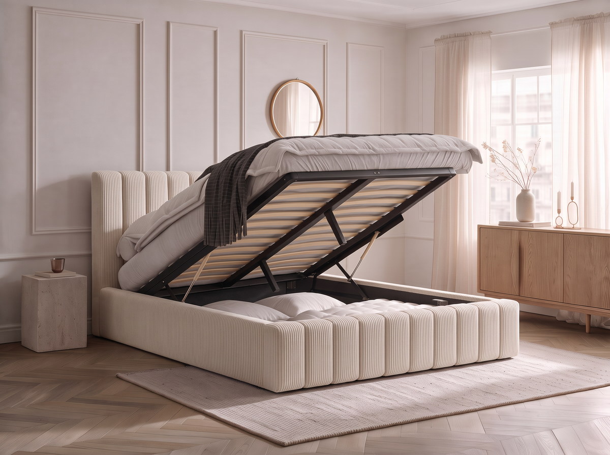 Lit coffre CELINE en tissu velours côtelé beige, dans une chambre, coffre de rangement ouvert