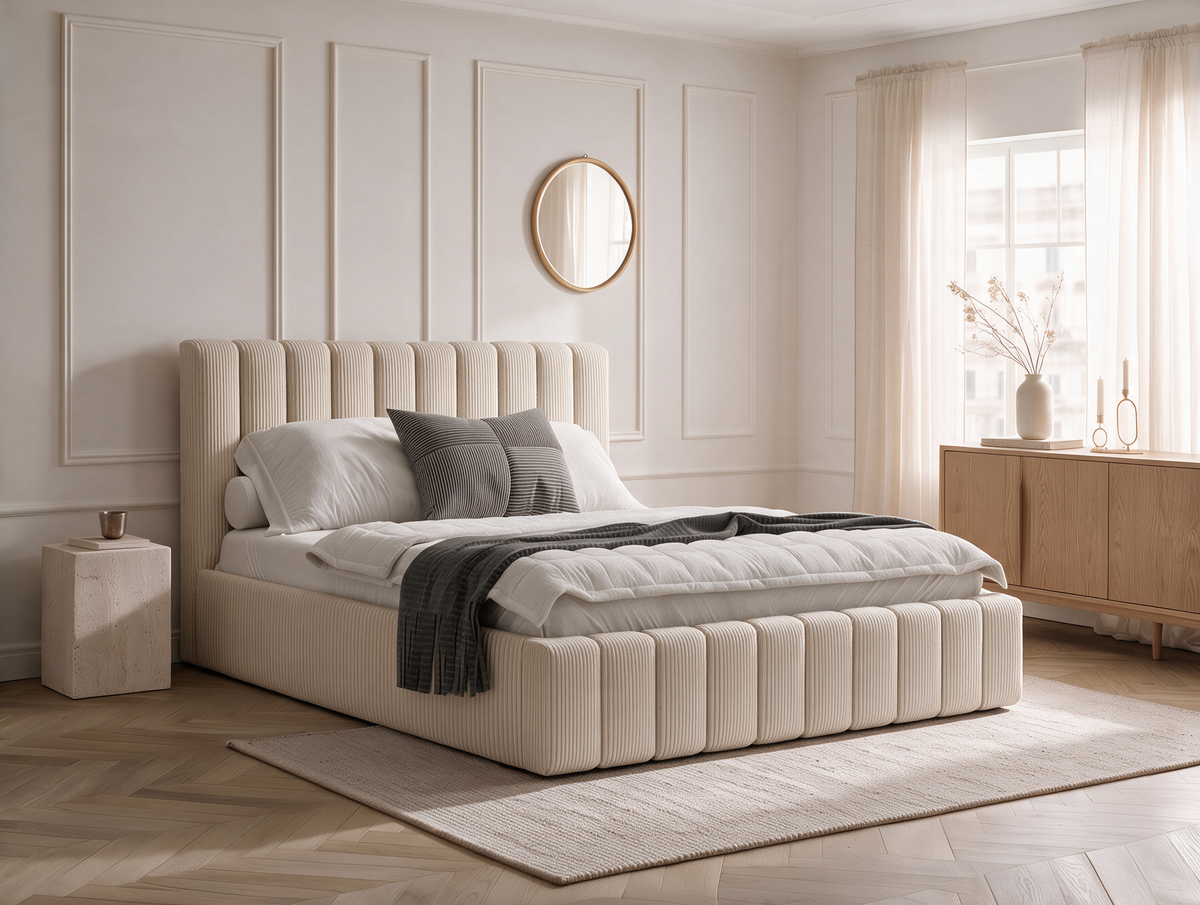 Lit coffre CELINE en tissu velours côtelé beige, dans une chambre, vue d’ensemble de trois quarts