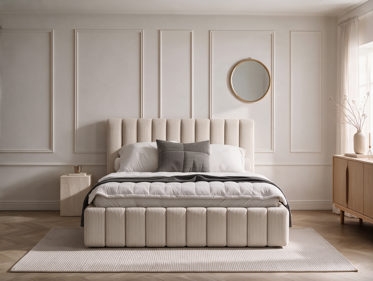 Lit coffre CELINE en tissu velours côtelé beige, dans une chambre, vue d’ensemble de face