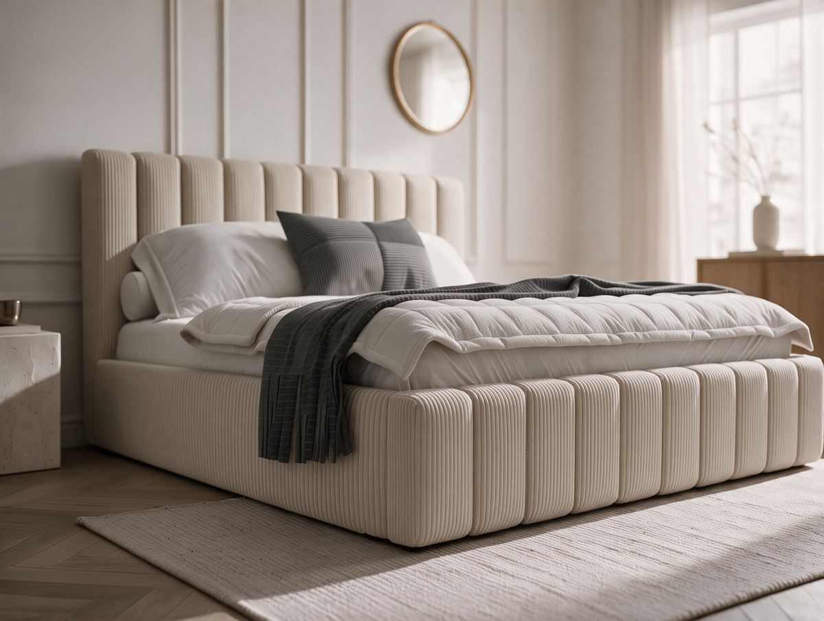 Lit coffre CELINE en tissu velours côtelé beige, dans une chambre, vue rapprochée de trois quarts