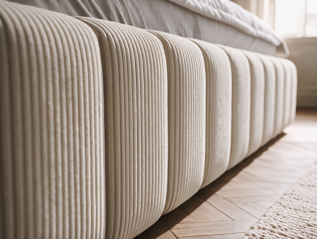 Lit coffre CELINE en tissu velours côtelé beige, gros plan du revêtement du cadre de lit