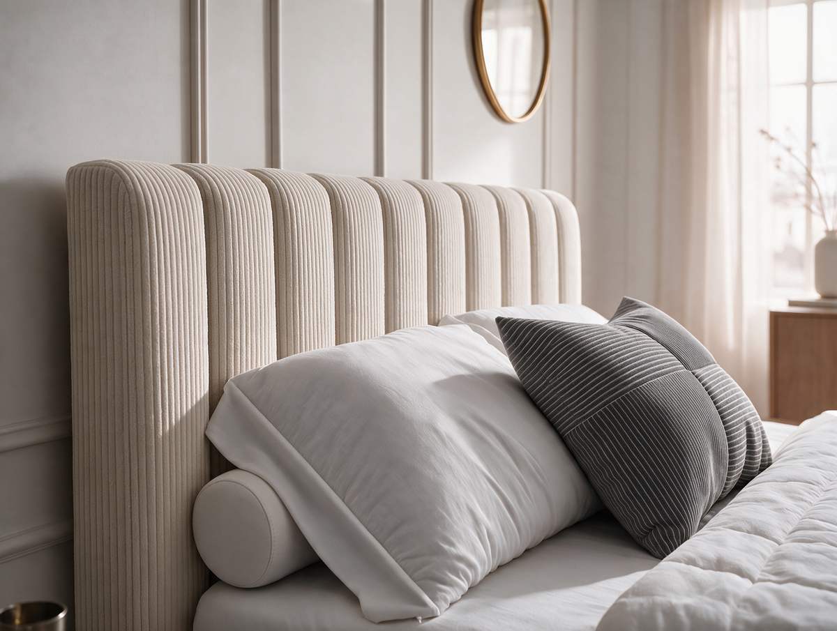 Lit coffre CELINE en tissu velours côtelé beige, gros plan de la tête de lit et des coussins