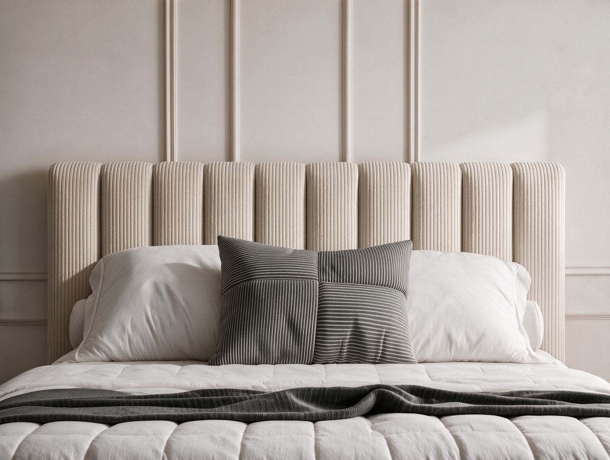 Lit coffre CELINE en tissu velours côtelé beige, vue de face de la tête de lit rembourrée
