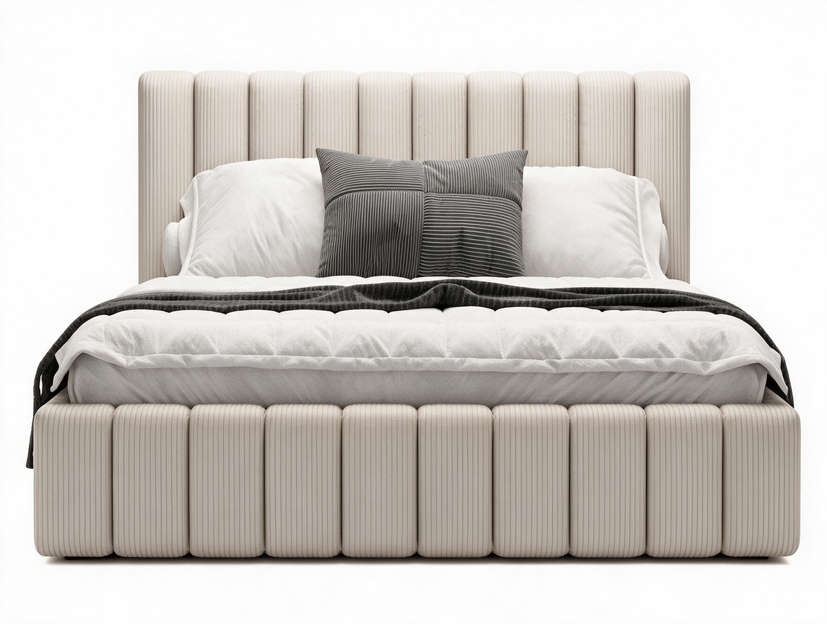 Lit coffre CELINE en tissu velours côtelé beige, coffre fermé, vue de face sur fond blanc