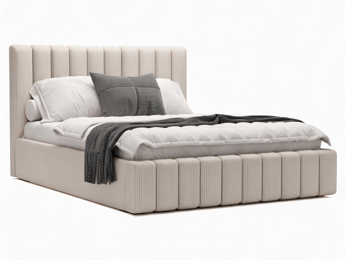 Lit coffre CELINE en tissu velours côtelé beige, coffre fermé, vue de trois quarts sur fond blanc