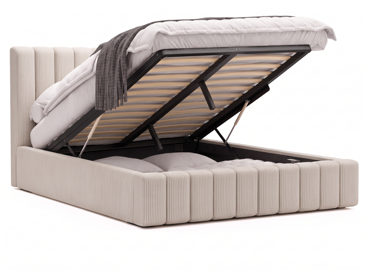 Lit coffre CELINE en tissu velours côtelé beige, coffre de rangement ouvert sur fond blanc
