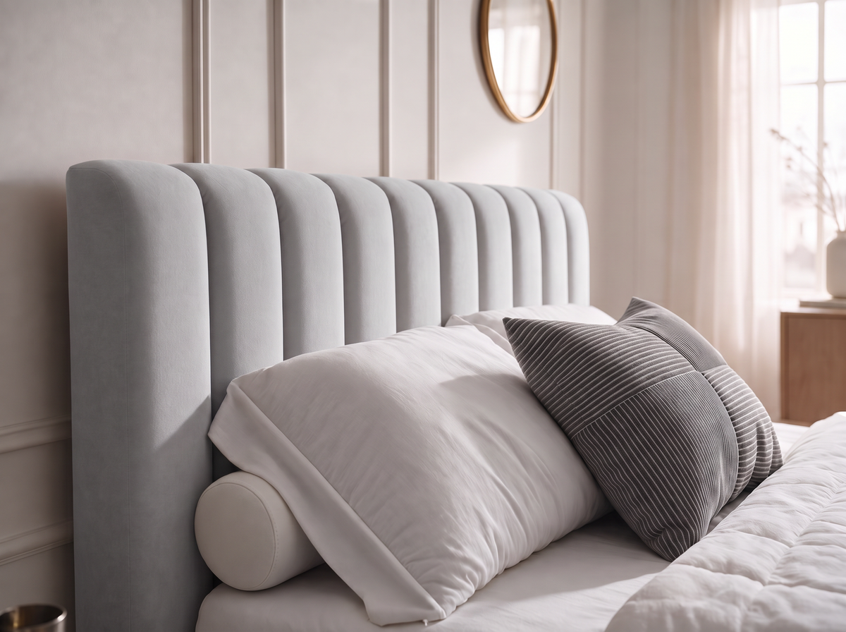 Lit coffre CELINE en tissu velours gris, gros plan de la tête de lit et des coussins