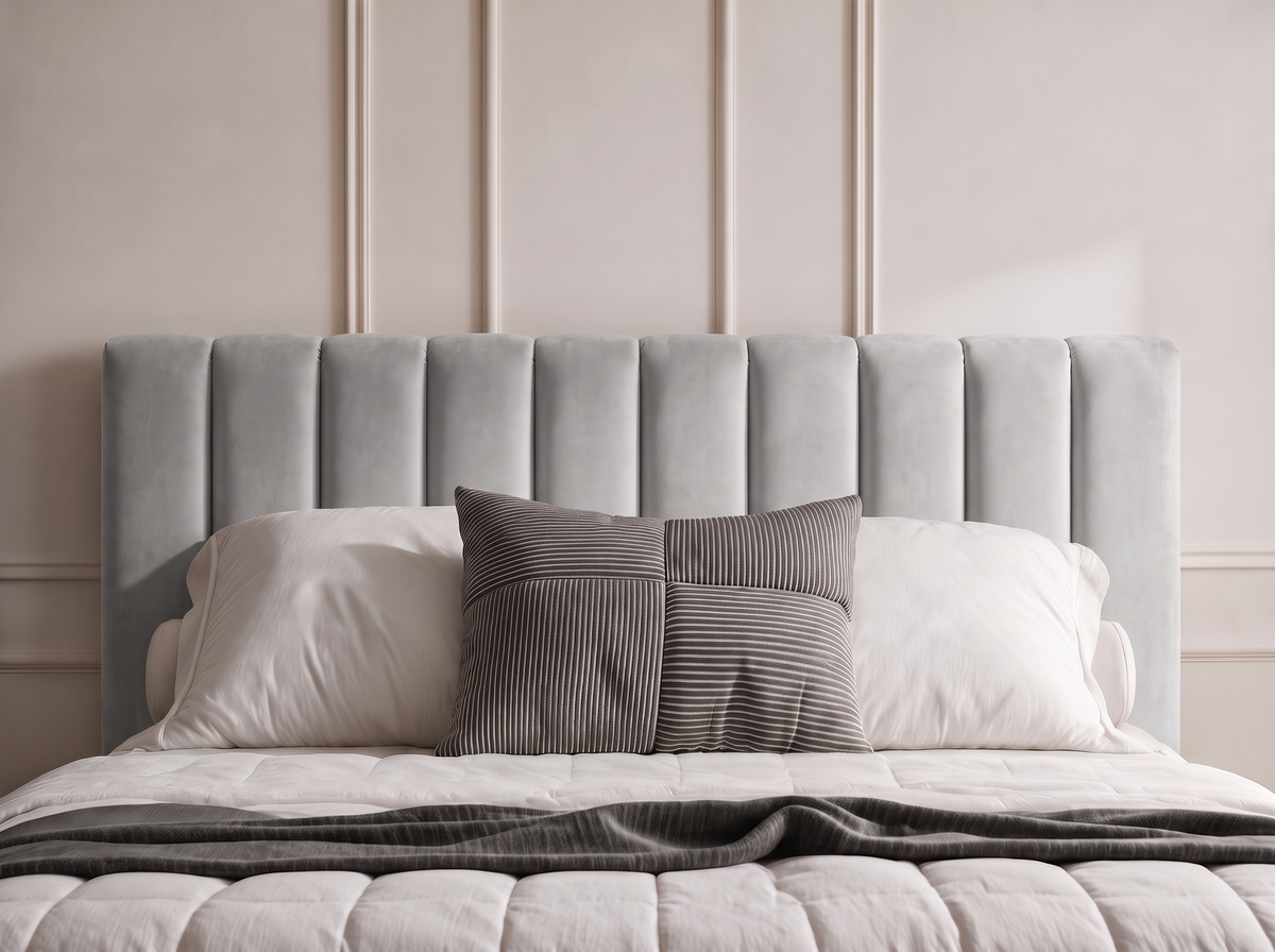 Lit coffre CELINE en tissu velours gris, vue de face de la tête de lit rembourrée