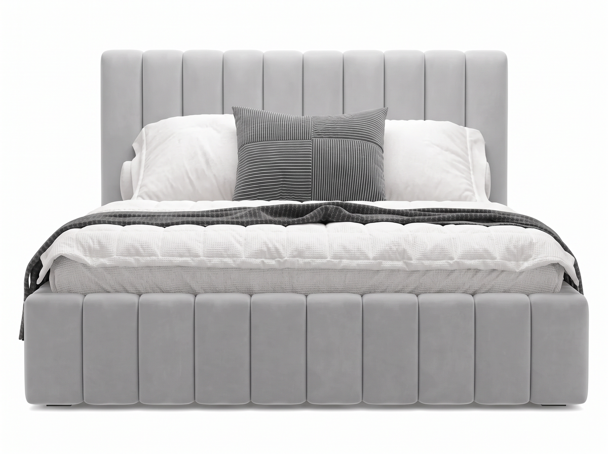 Lit coffre CELINE en tissu velours gris, coffre fermé, vue de face sur fond blanc