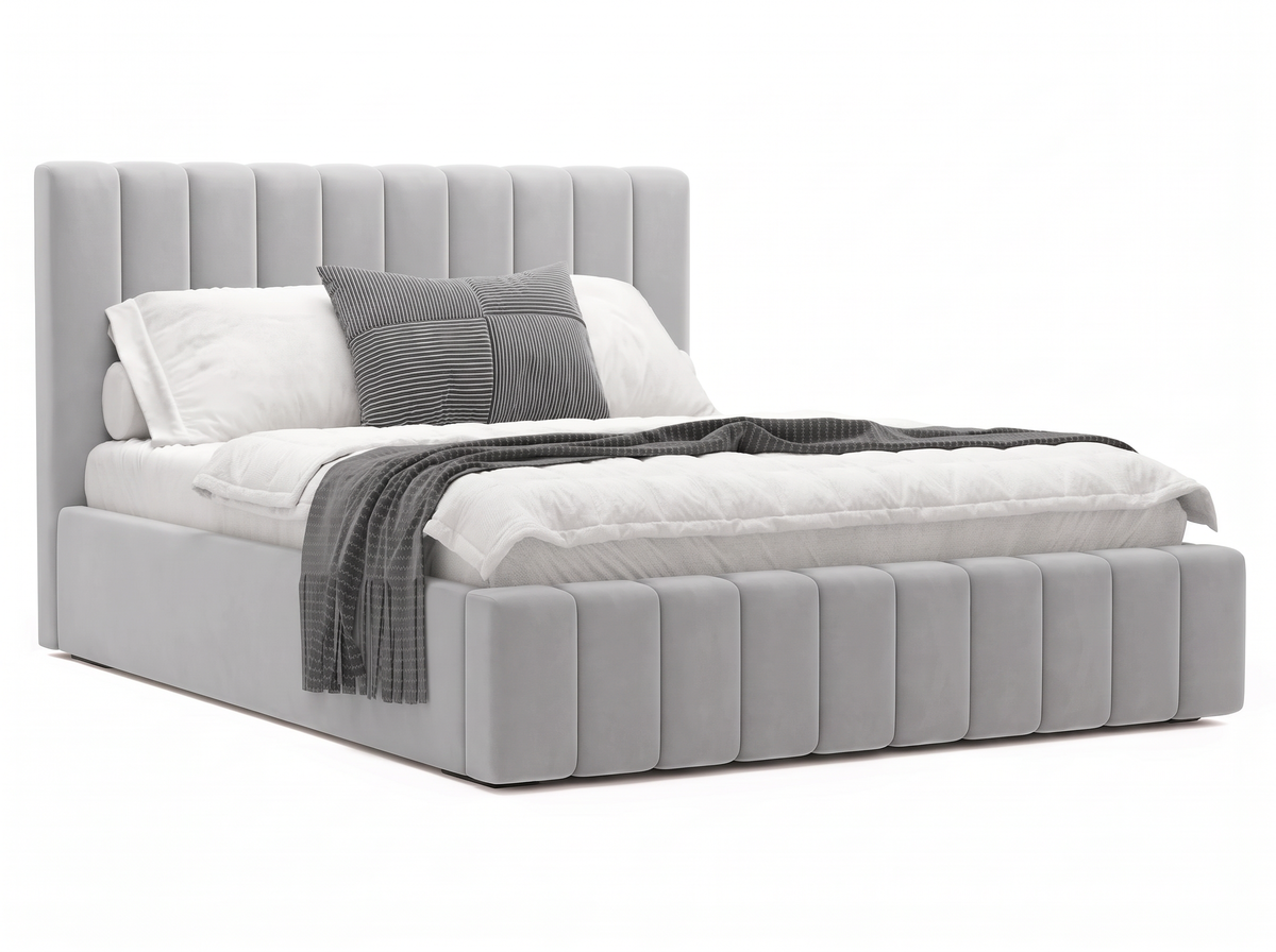 Lit coffre CELINE en tissu velours gris, coffre fermé, vue de trois quarts sur fond blanc