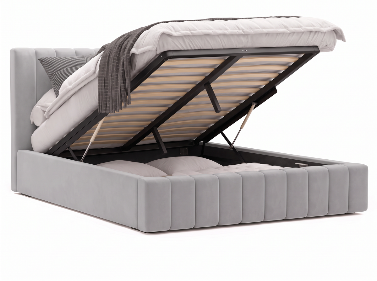 Lit coffre CELINE en tissu velours gris, coffre de rangement ouvert sur fond blanc