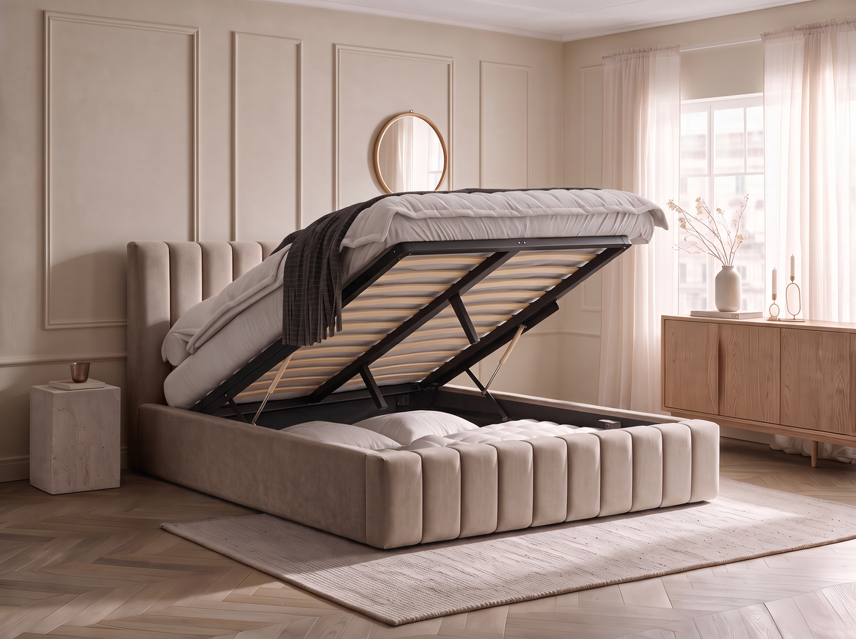 Lit coffre CELINE en tissu velours marron, dans une chambre, coffre de rangement ouvert