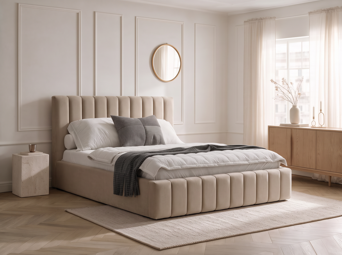 Lit coffre CELINE en tissu velours marron, dans une chambre, vue d’ensemble de trois quarts