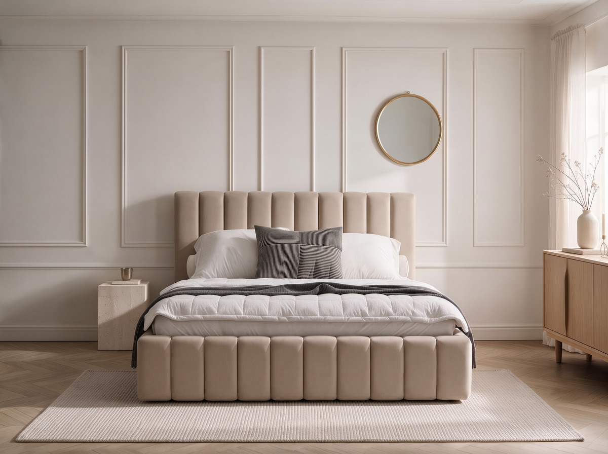 Lit coffre CELINE en tissu velours marron, dans une chambre, vue d’ensemble de face