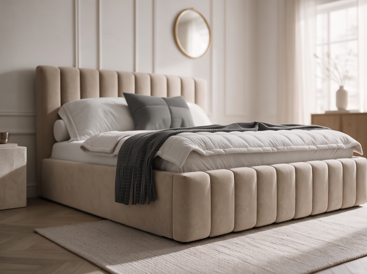Lit coffre CELINE en tissu velours marron, dans une chambre, vue rapprochée de trois quarts
