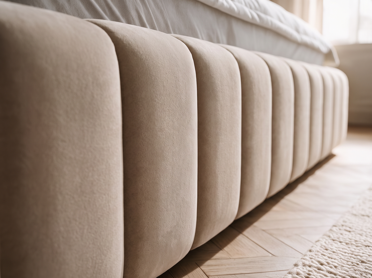 Lit coffre CELINE en tissu velours marron, gros plan du revêtement du cadre de lit