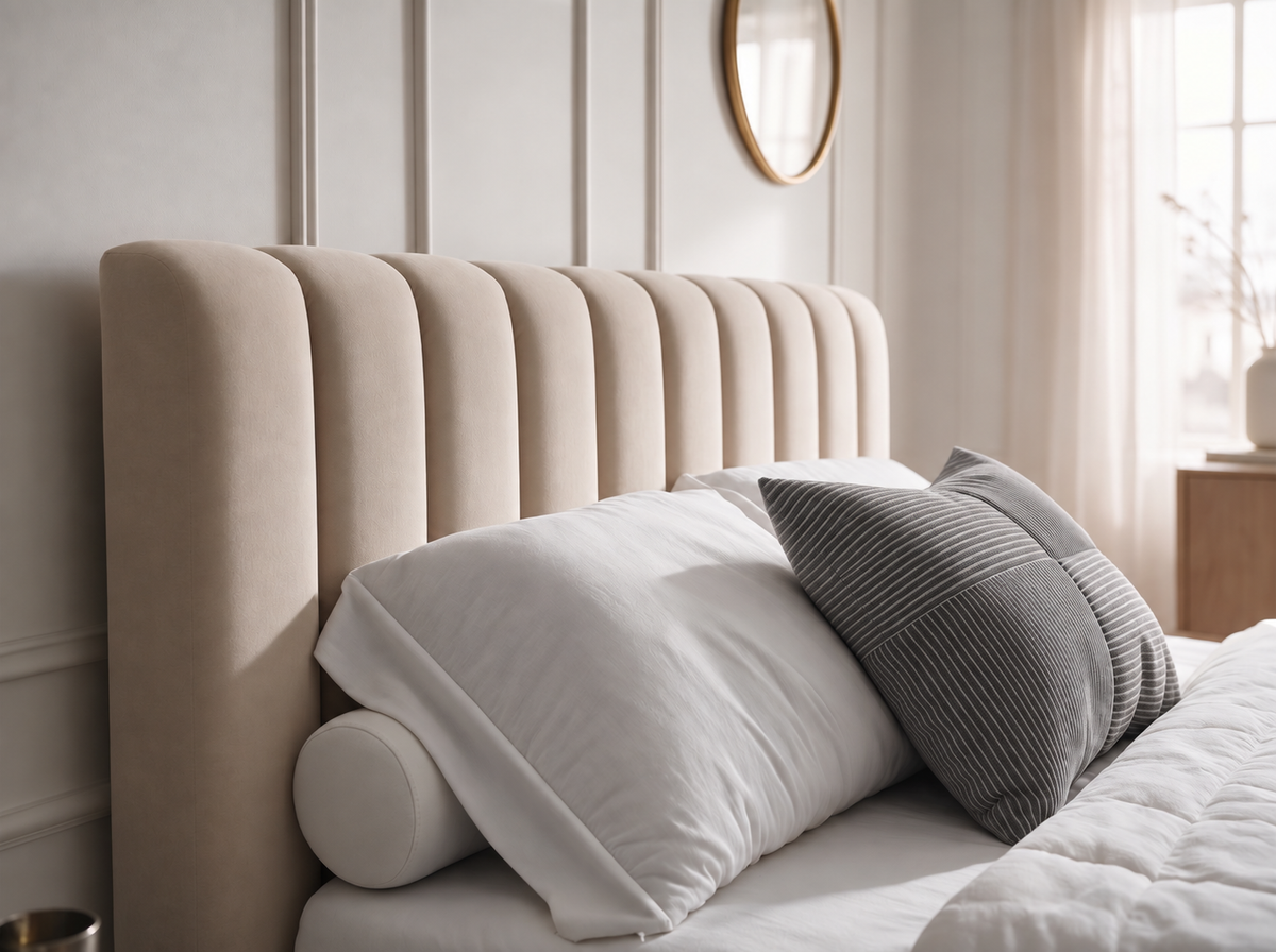 Lit coffre CELINE en tissu velours marron, gros plan de la tête de lit et des coussins