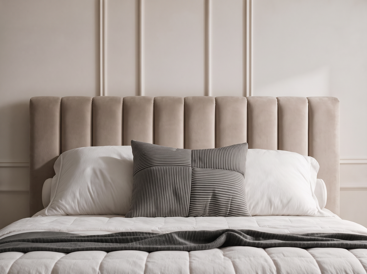 Lit coffre CELINE en tissu velours marron, vue de face de la tête de lit rembourrée