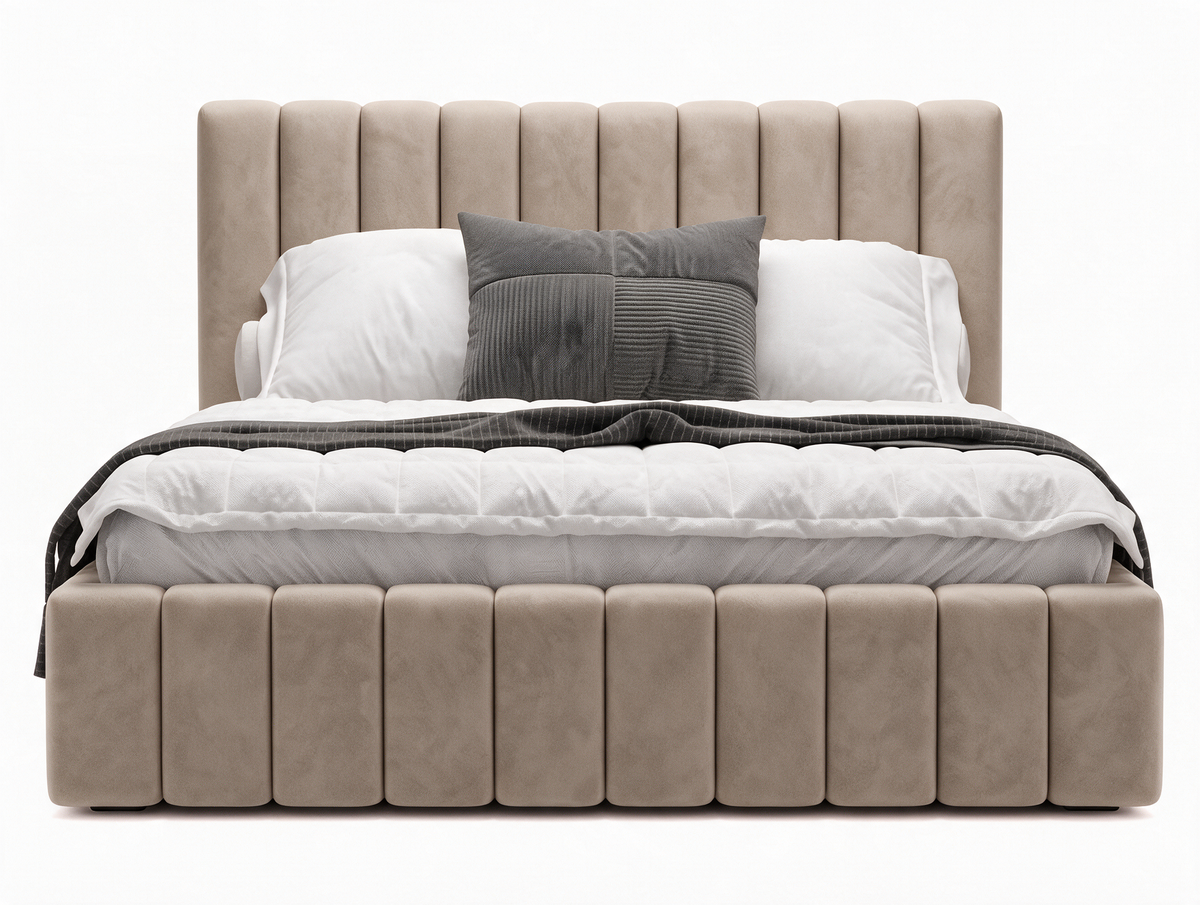 Lit coffre CELINE en tissu velours marron, coffre fermé, vue de face sur fond blanc