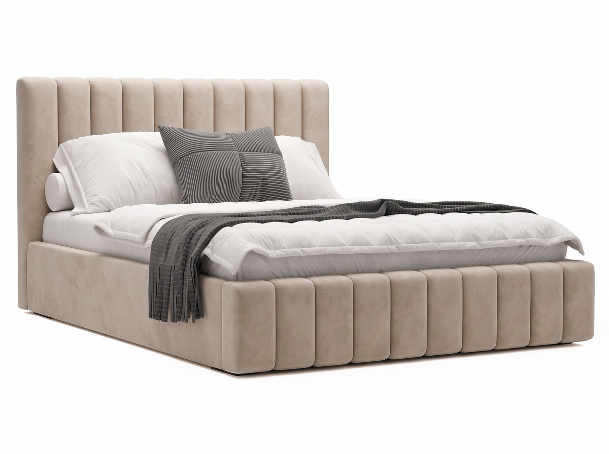 Lit coffre CELINE en tissu velours marron, coffre fermé, vue de trois quarts sur fond blanc