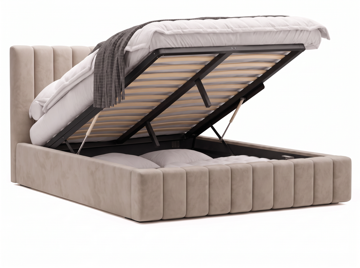 Lit coffre CELINE en tissu velours marron, coffre de rangement ouvert sur fond blanc