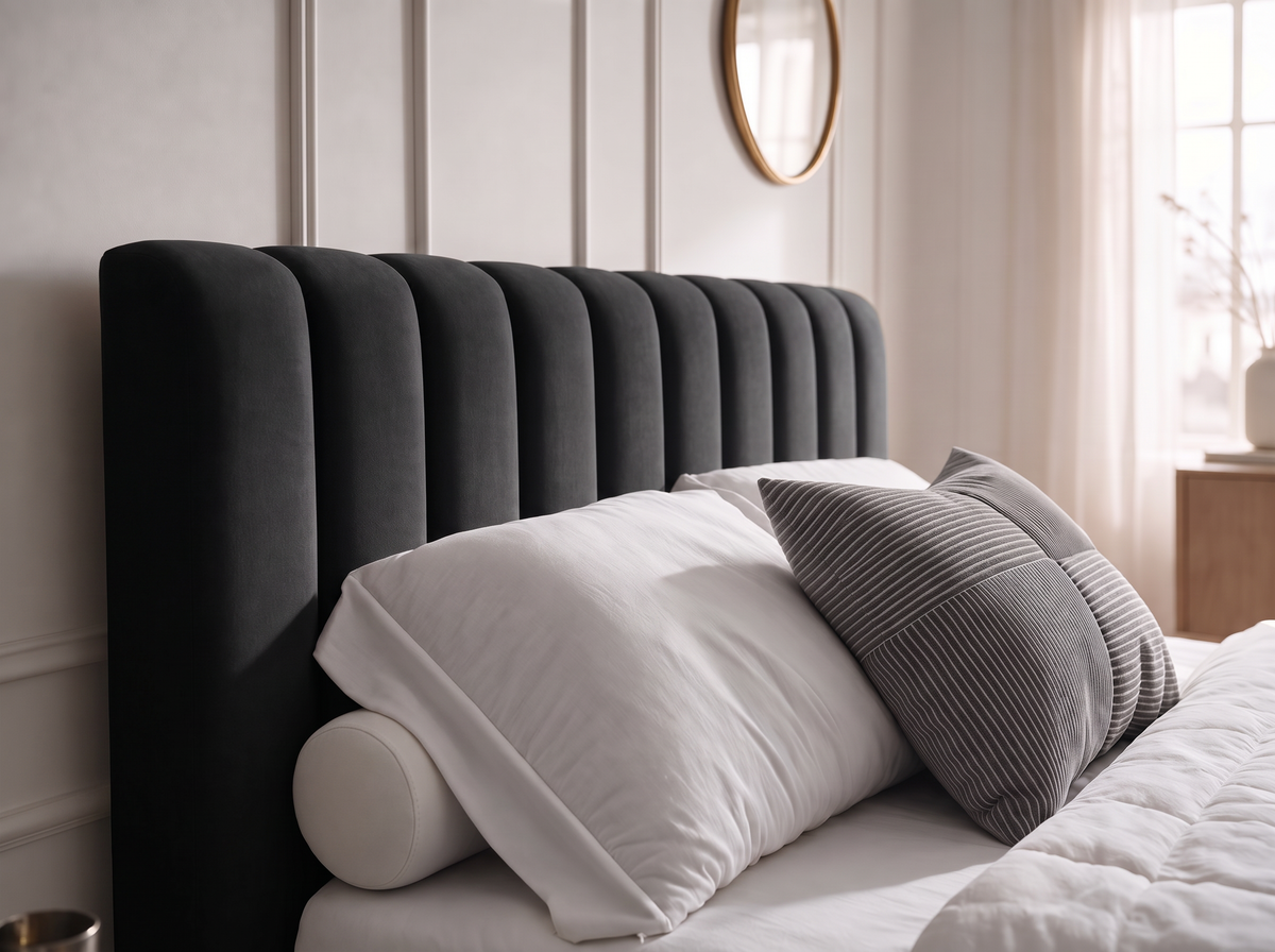 Lit coffre CELINE en tissu velours noir, gros plan de la tête de lit et des coussins