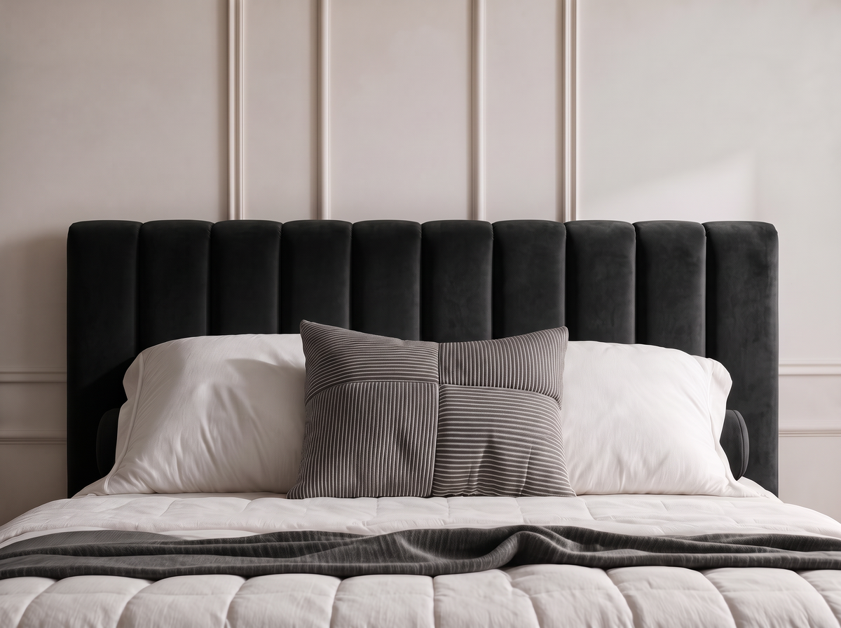Lit coffre CELINE en tissu velours noir, vue de face de la tête de lit rembourrée