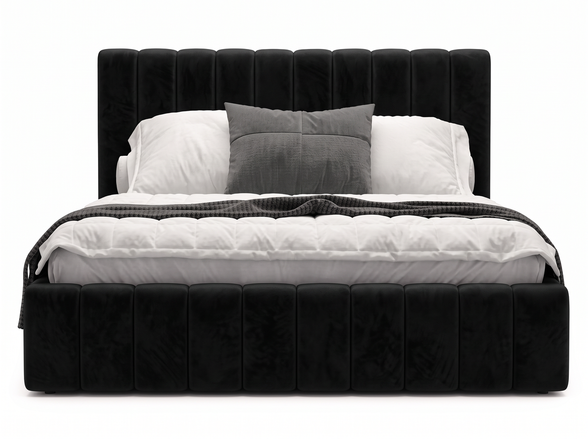 Lit coffre CELINE en tissu velours noir, coffre fermé, vue de face sur fond blanc