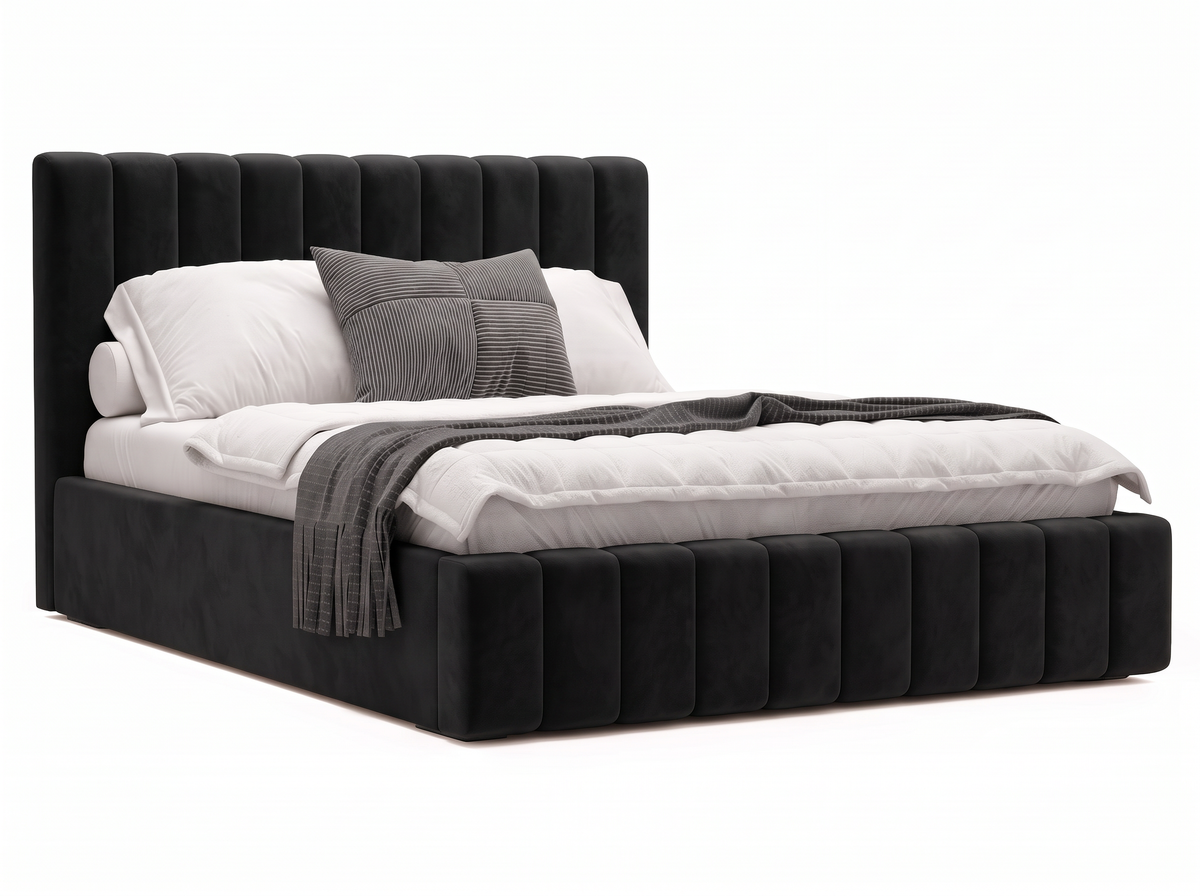 Lit coffre CELINE en tissu velours noir, coffre fermé, vue de trois quarts sur fond blanc