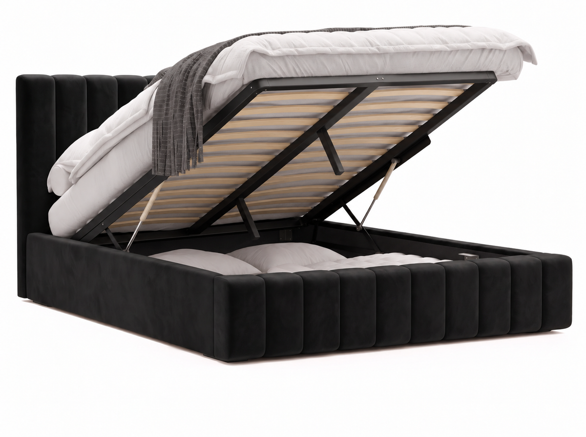 Lit coffre CELINE en tissu velours noir, coffre de rangement ouvert sur fond blanc