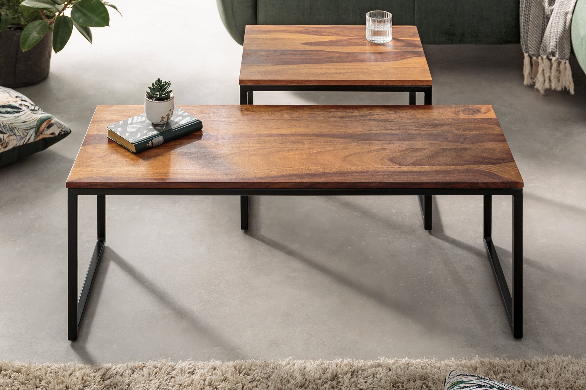 Lot de 2 tables basses design ELEMENTS 100cm bois massif finition pierre structure métal