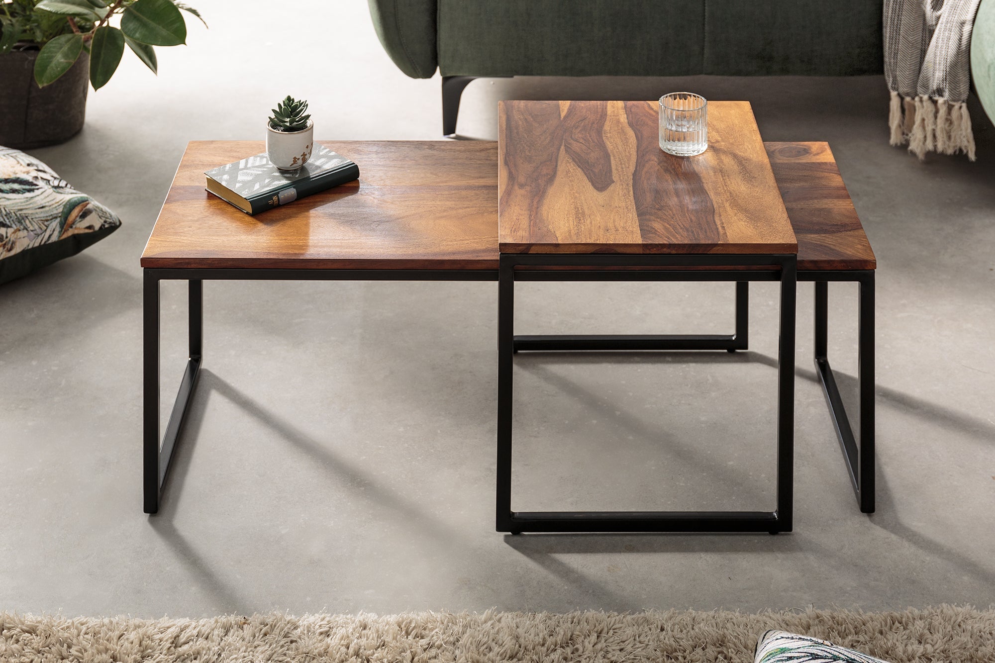 Lot de 2 tables basses design ELEMENTS 100cm bois massif finition pierre structure métal
