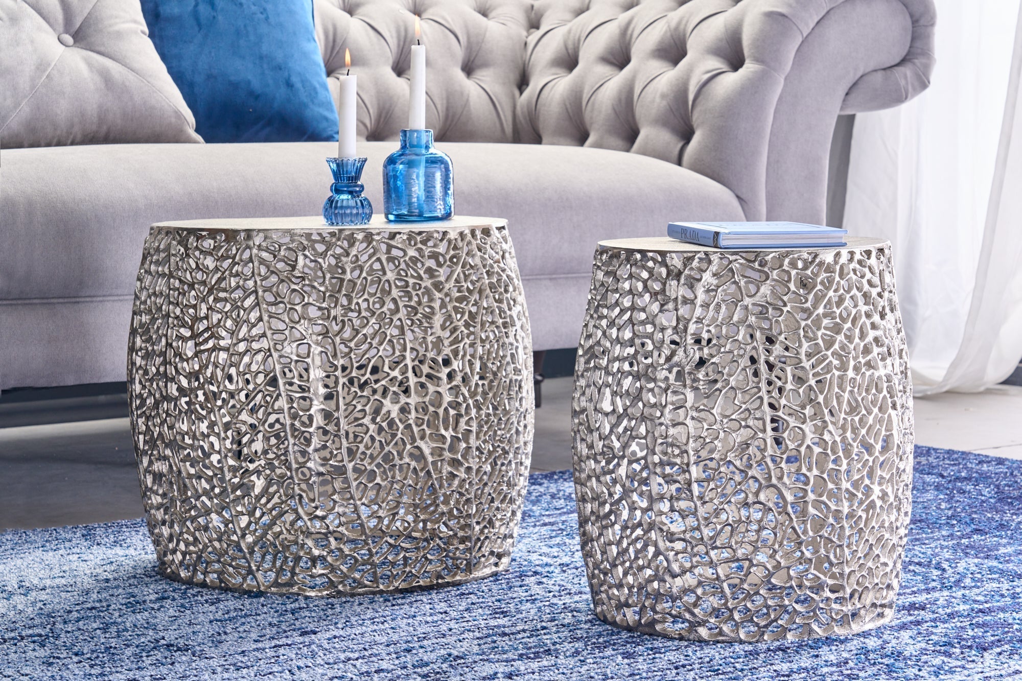 Lot de 2 tables basses design filigrane ABSTRACT LEAF argent antique fait main ronde