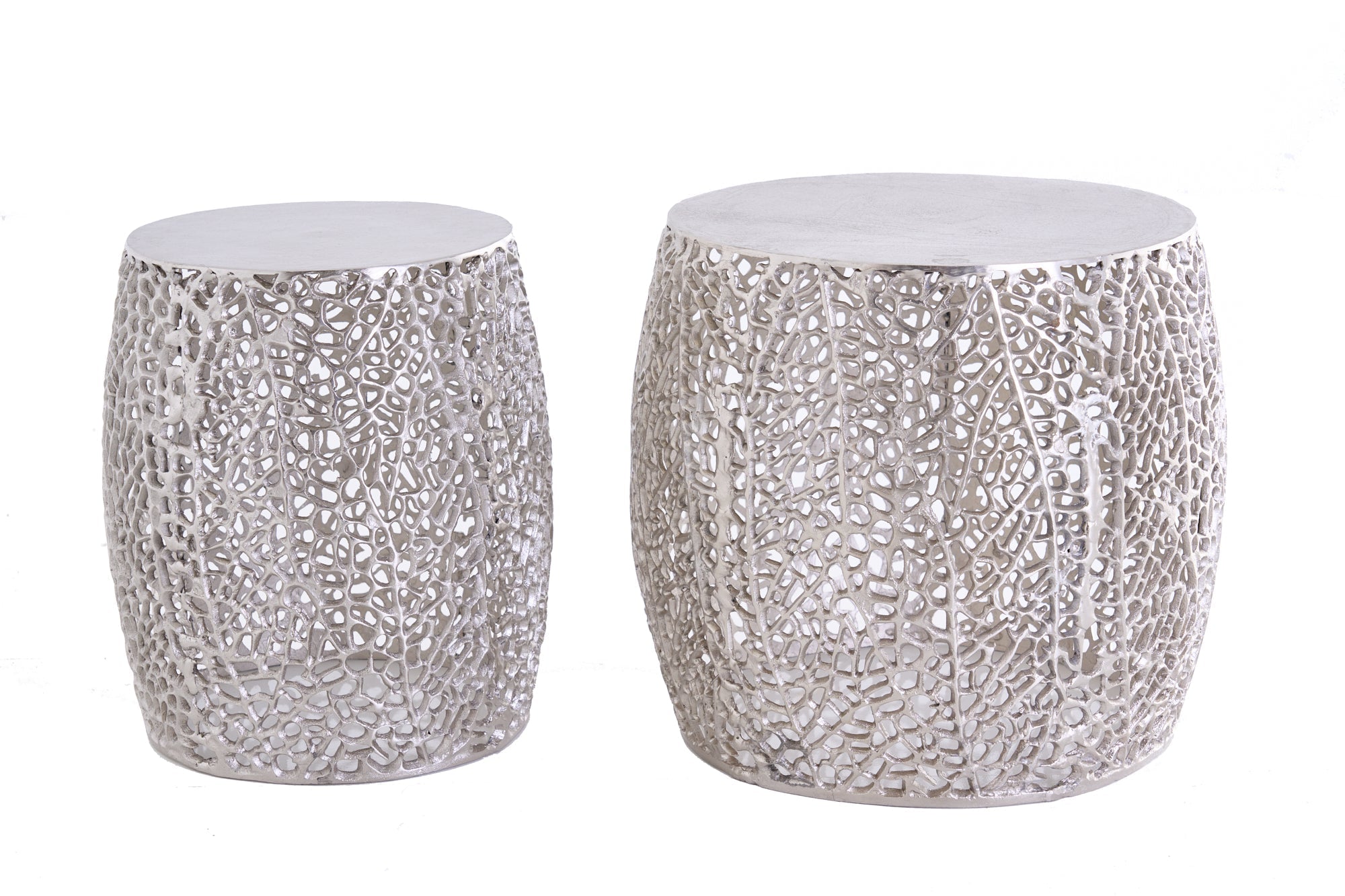 Lot de 2 tables basses design filigrane ABSTRACT LEAF argent antique fait main ronde