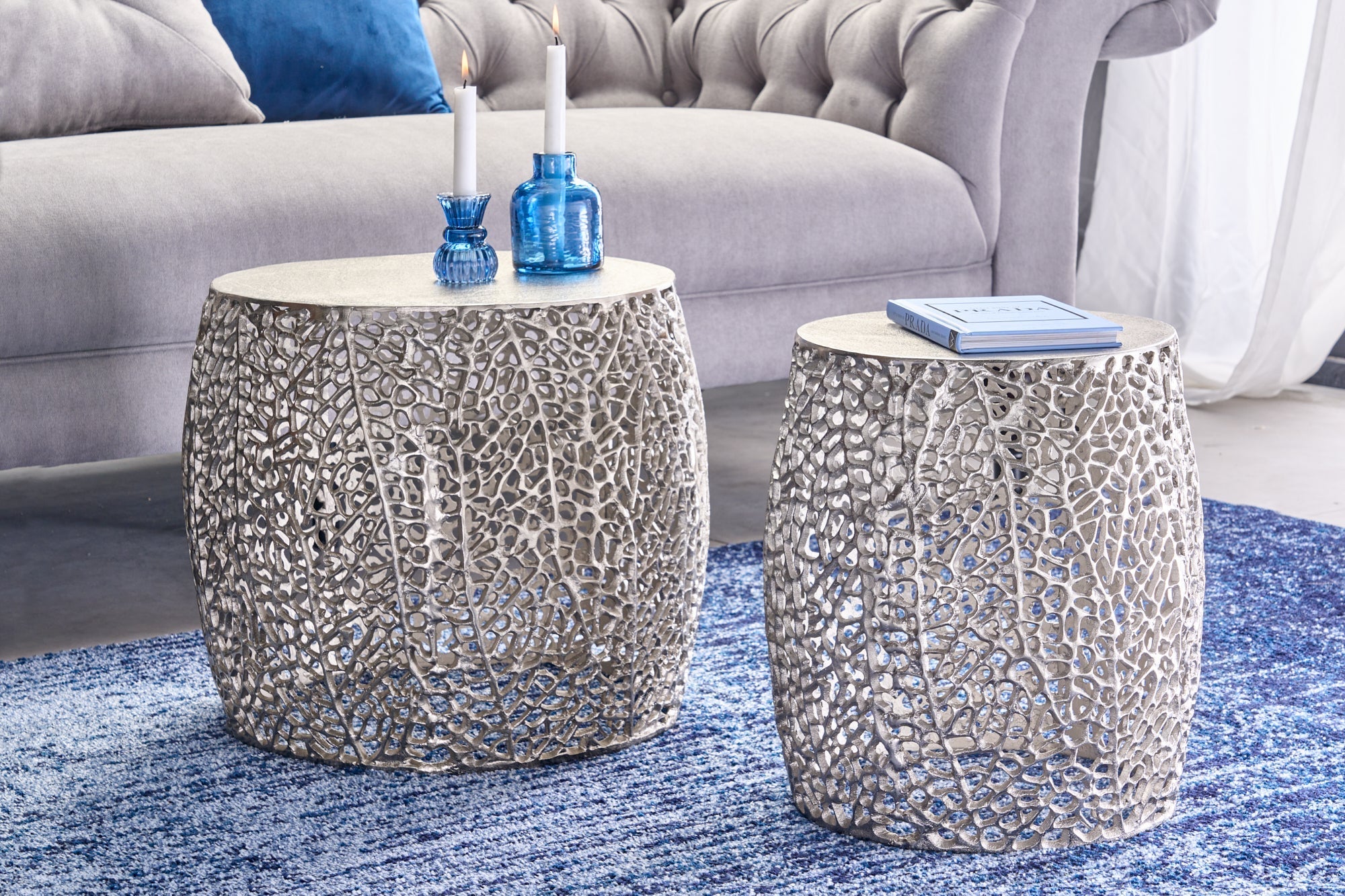 Lot de 2 tables basses design filigrane ABSTRACT LEAF argent antique fait main ronde