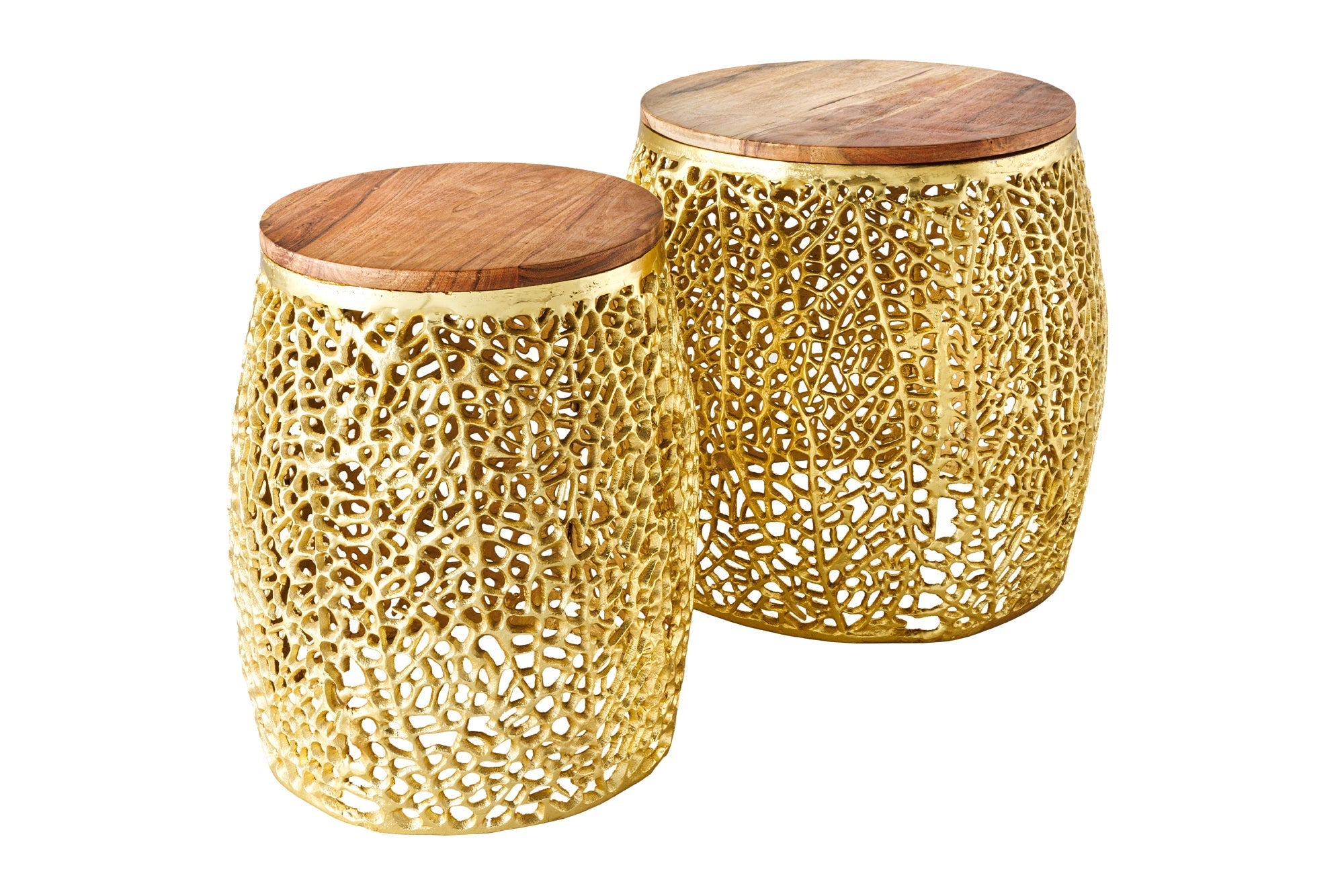 Lot de 2 tables basses design filigrane ABSTRACT LEAF bois d’acacia doré fait main métal ronde