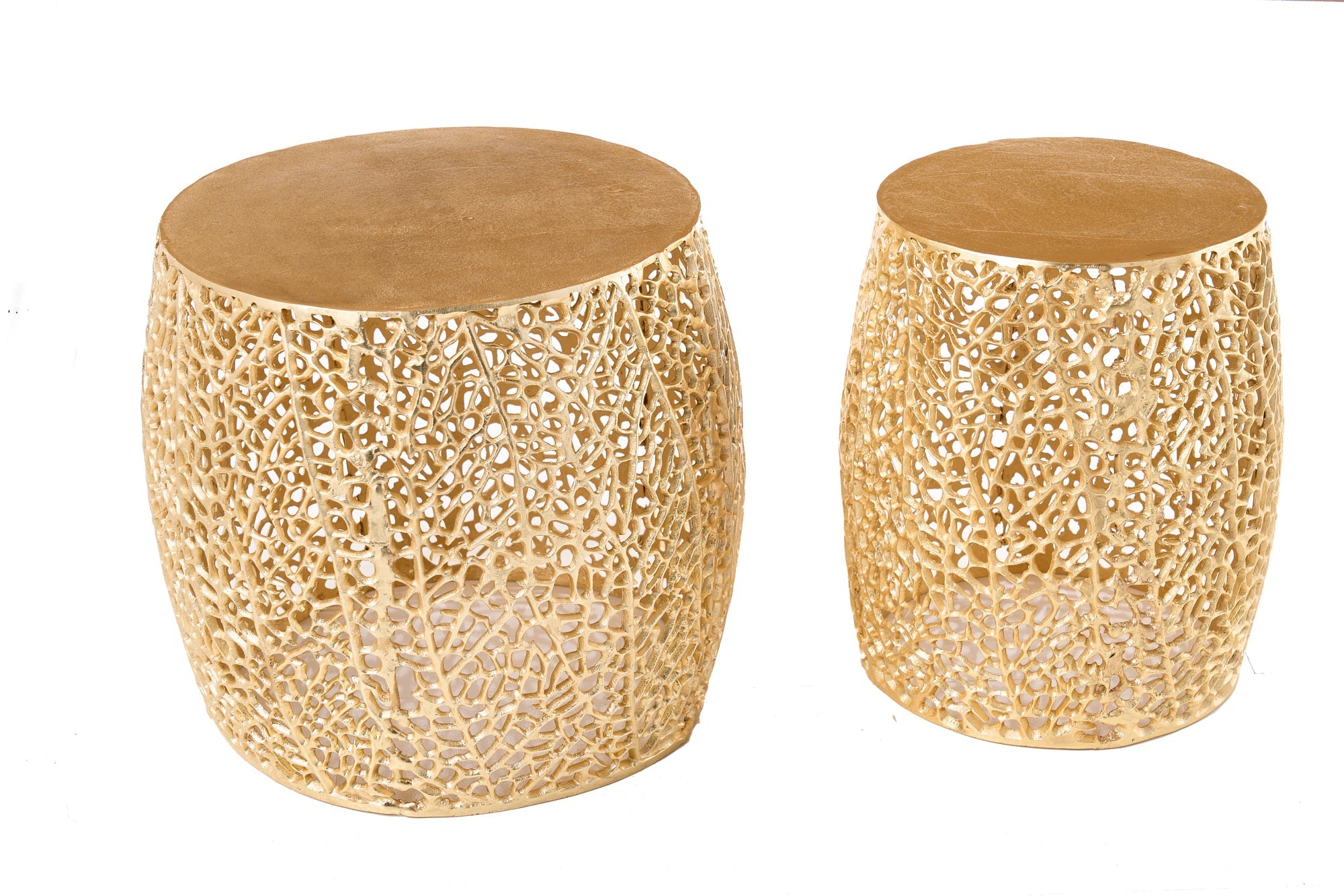 Lot de 2 tables basses design filigrane ABSTRACT LEAF ronde en métal fait main doré
