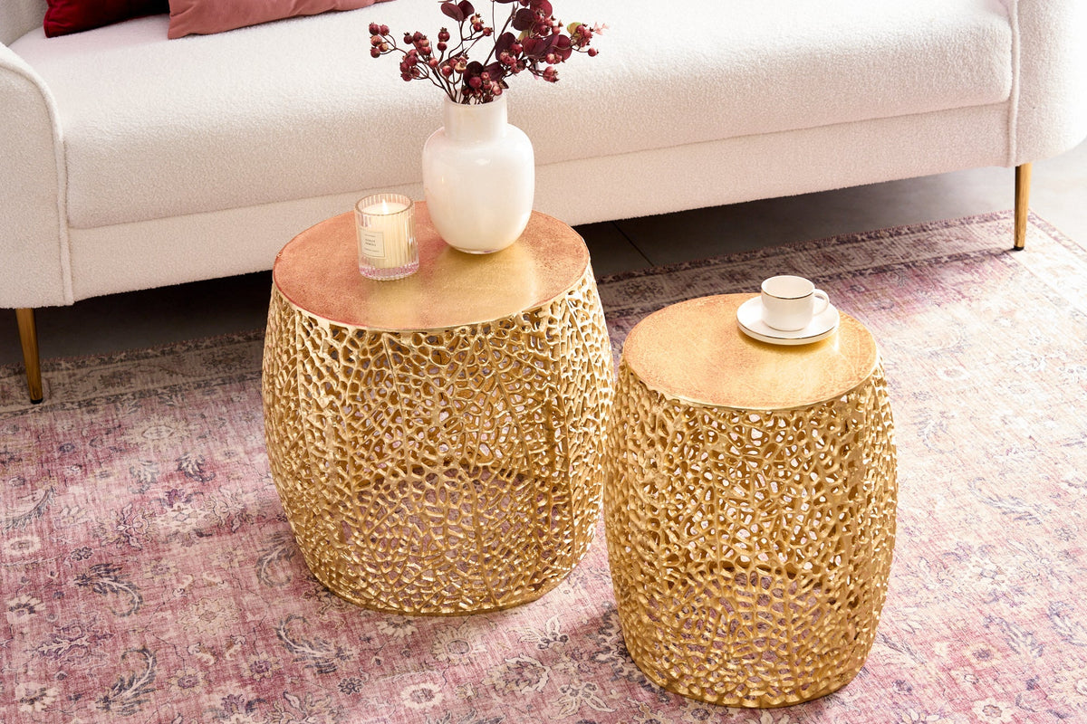 Lot de 2 tables basses design filigrane ABSTRACT LEAF ronde en métal fait main doré