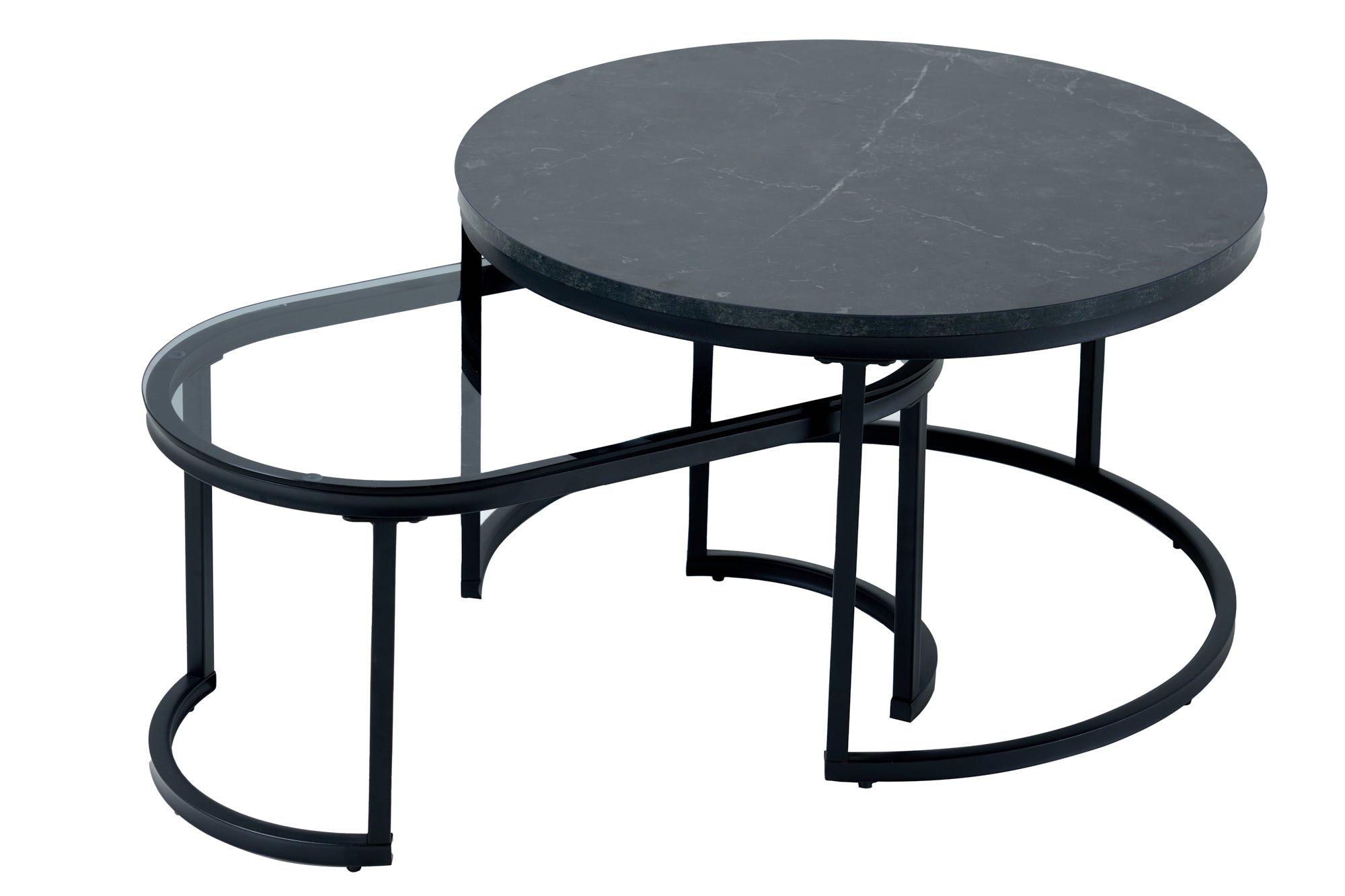 Lot de 2 tables basses ELEGANCE 70cm marbre graphite design verre métal ronde ovale