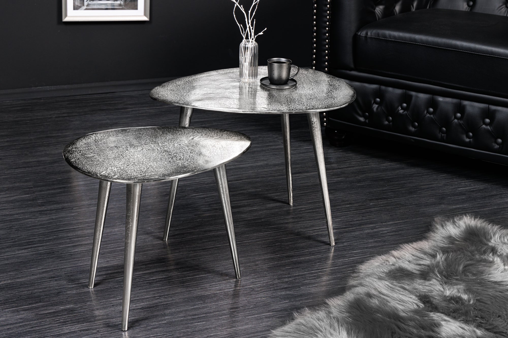 Lot de 2 tables basses ELEMENTS 50cm métal argenté fait main