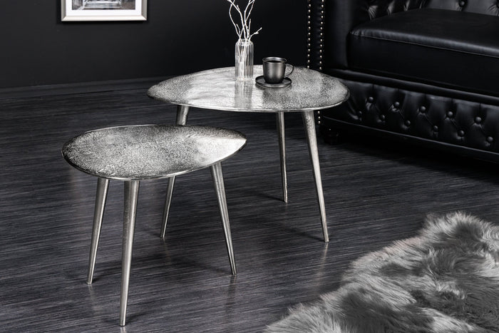 Lot de 2 tables basses ELEMENTS 50cm métal argenté fait main