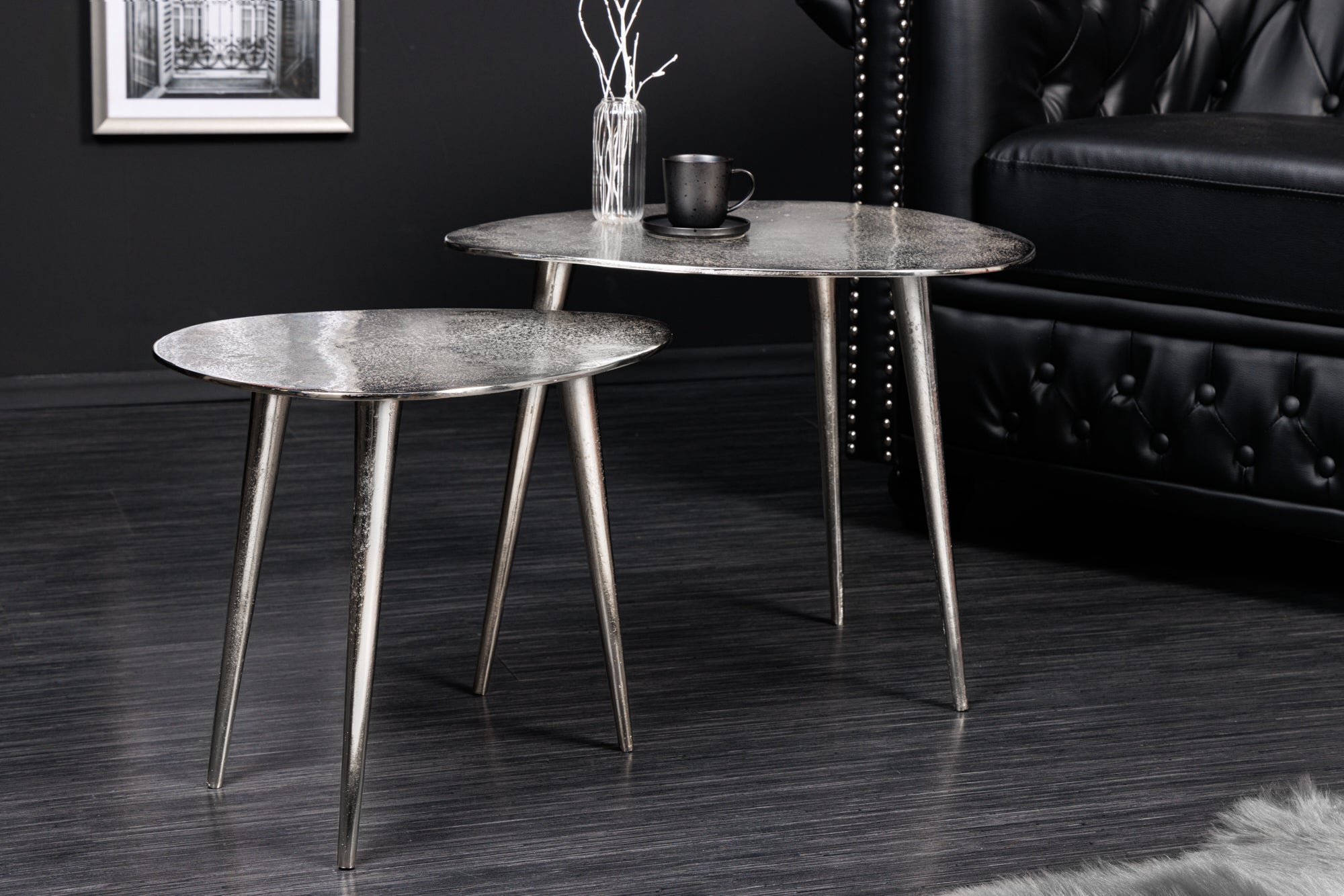 Lot de 2 tables basses ELEMENTS 50cm métal argenté fait main