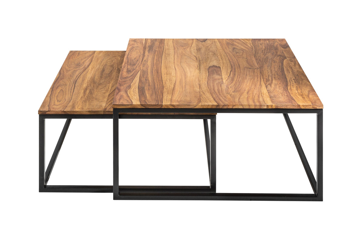 Lot de 2 tables basses ELEMENTS 65cm bois massif sheesham marron finition pierre fer noir