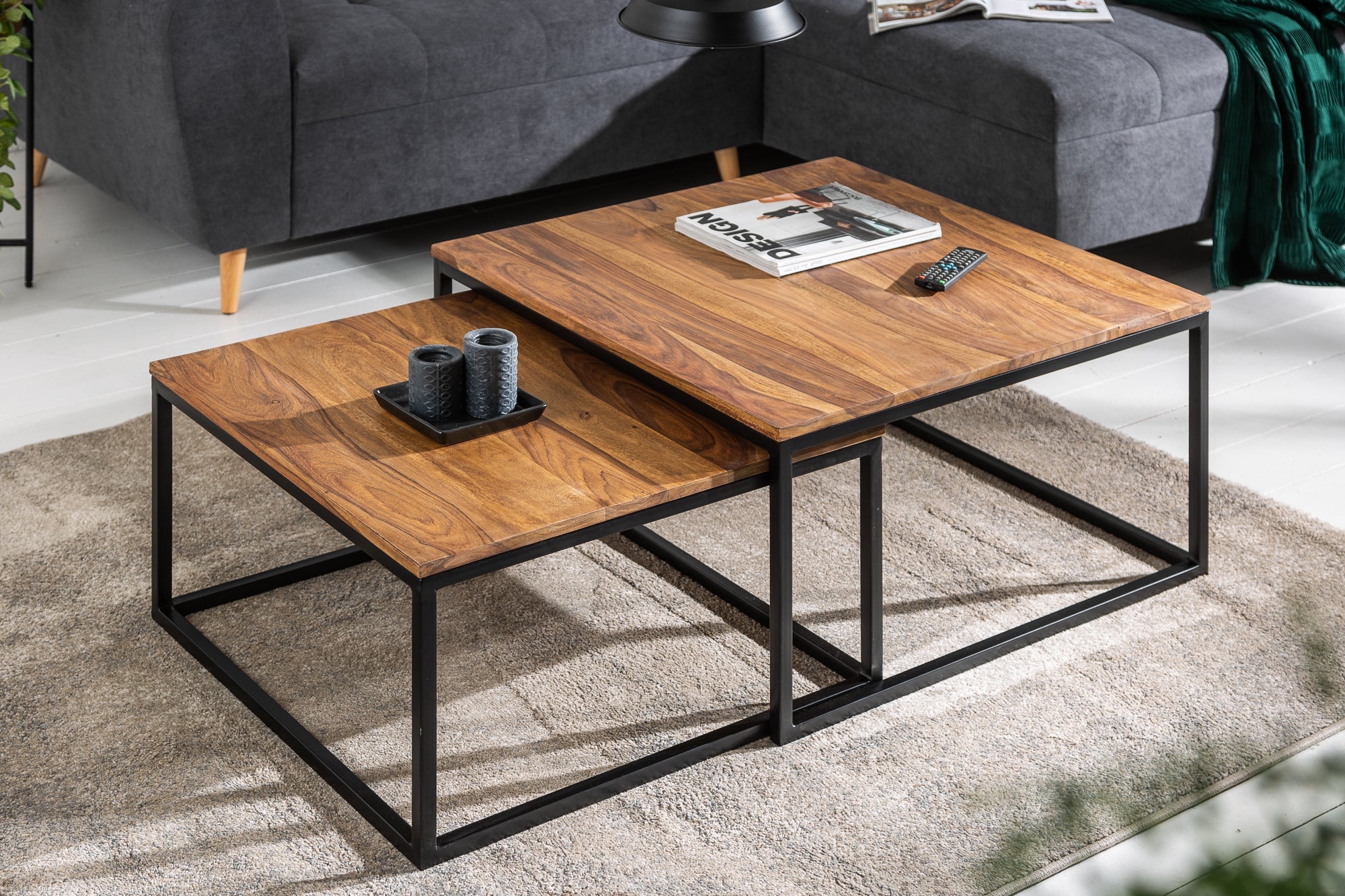 Lot de 2 tables basses ELEMENTS 65cm bois massif sheesham marron finition pierre fer noir