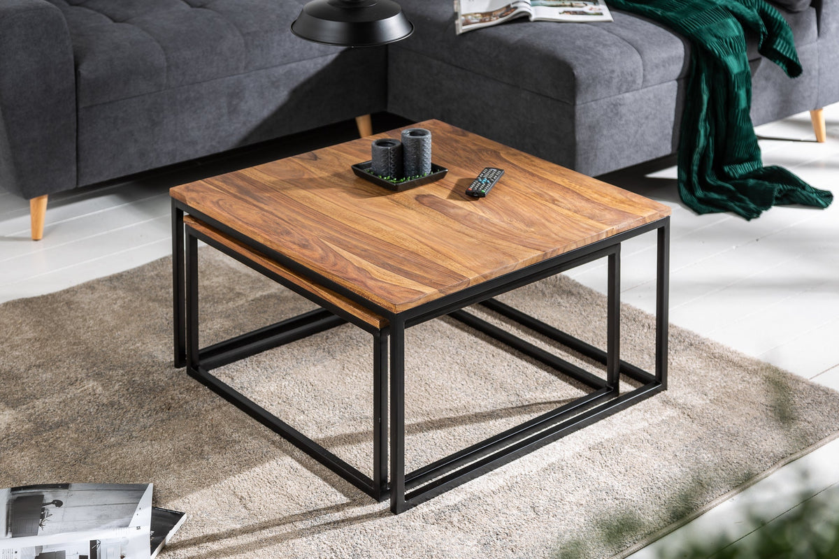 Lot de 2 tables basses ELEMENTS 65cm bois massif sheesham marron finition pierre fer noir