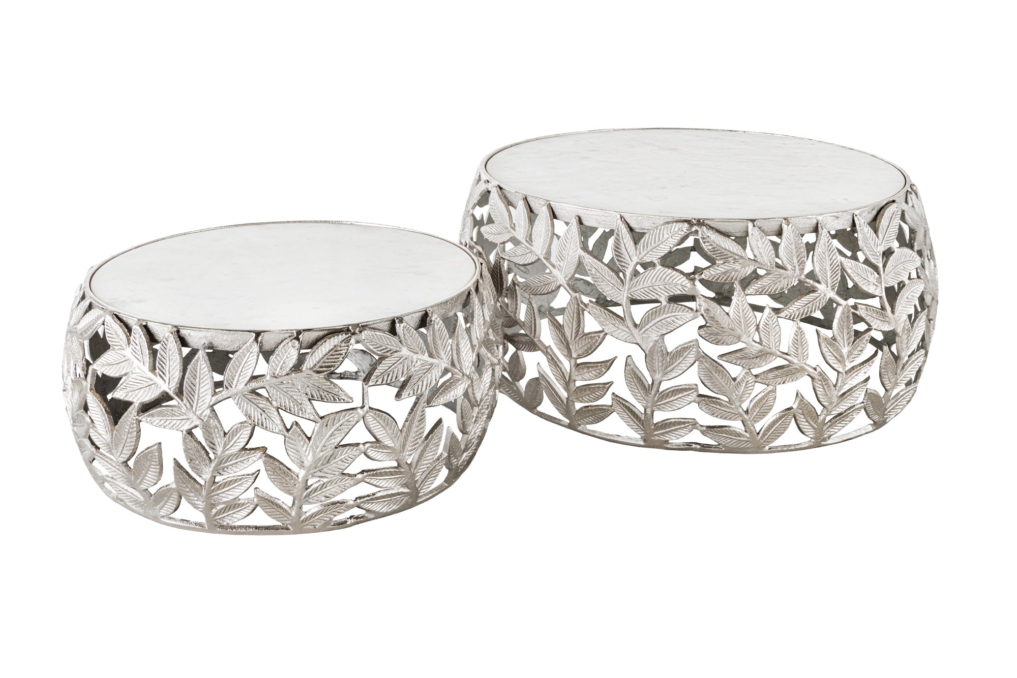 Lot de 2 tables basses rondes ABSTRACT LEAF 70cm marbre blanc argenté design feuille en métal