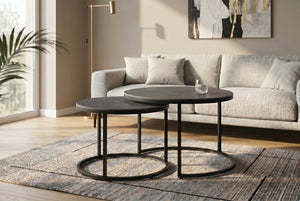 Lot de 2 tables basses rondes ELEGANCE 75cm céramique anthracite métal noir