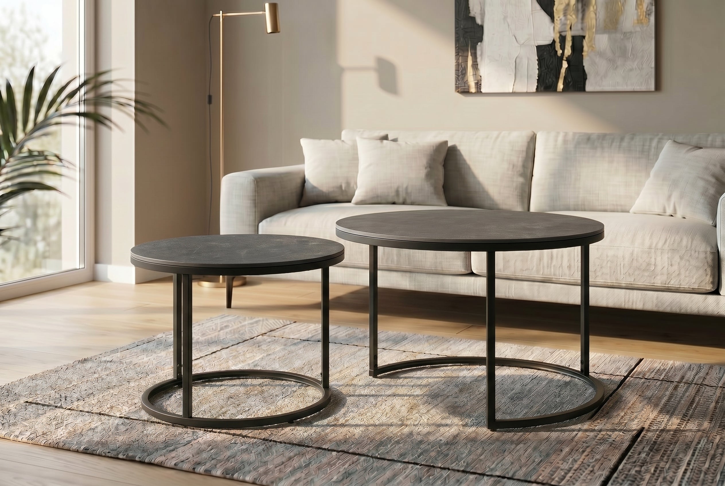 Lot de 2 tables basses rondes ELEGANCE 75cm céramique anthracite métal noir